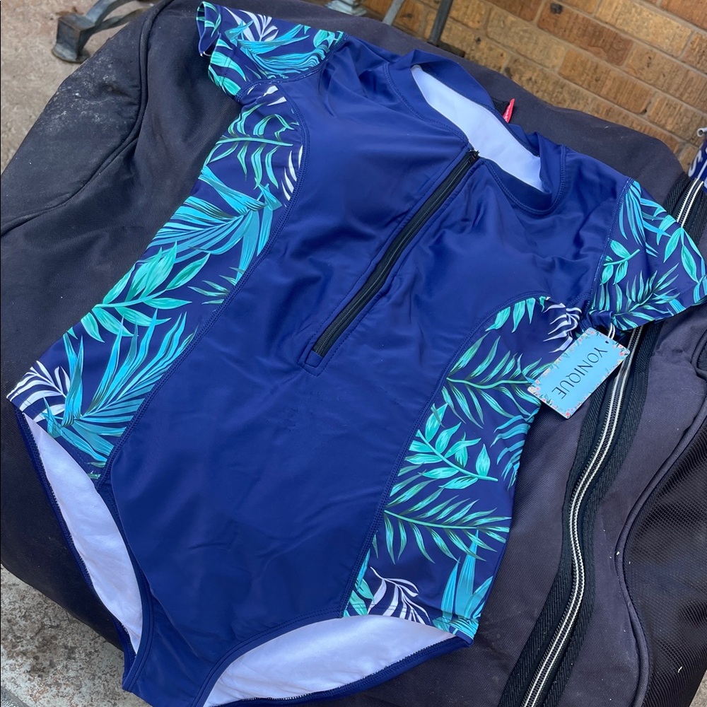 Younique Navy Blue and Teal Leaf Print Girls' One-Piece Swim